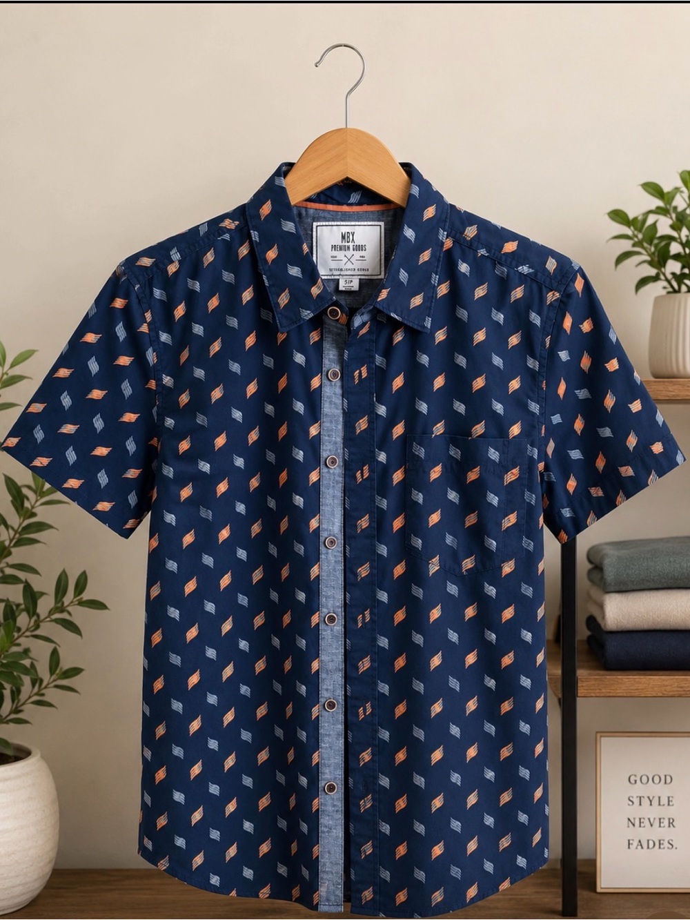 MBX Premium Goods Navy Printed Button-Up Shirt Men’s Size S